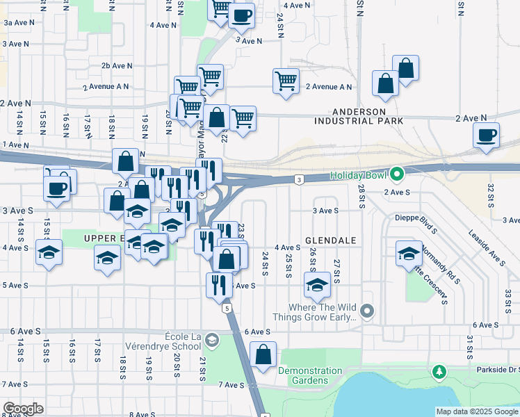 map of restaurants, bars, coffee shops, grocery stores, and more near 228 24 Street South in Lethbridge