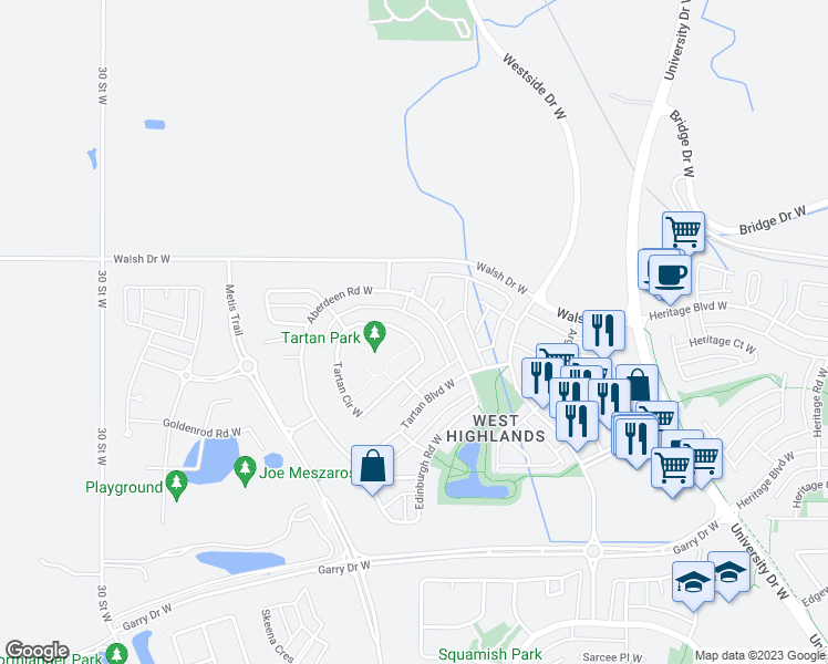 map of restaurants, bars, coffee shops, grocery stores, and more near 160 Tartan Circle West in Lethbridge