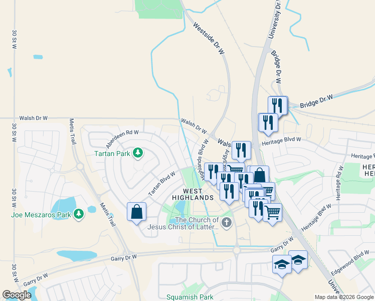 map of restaurants, bars, coffee shops, grocery stores, and more near 46 Highlands Place West in Lethbridge
