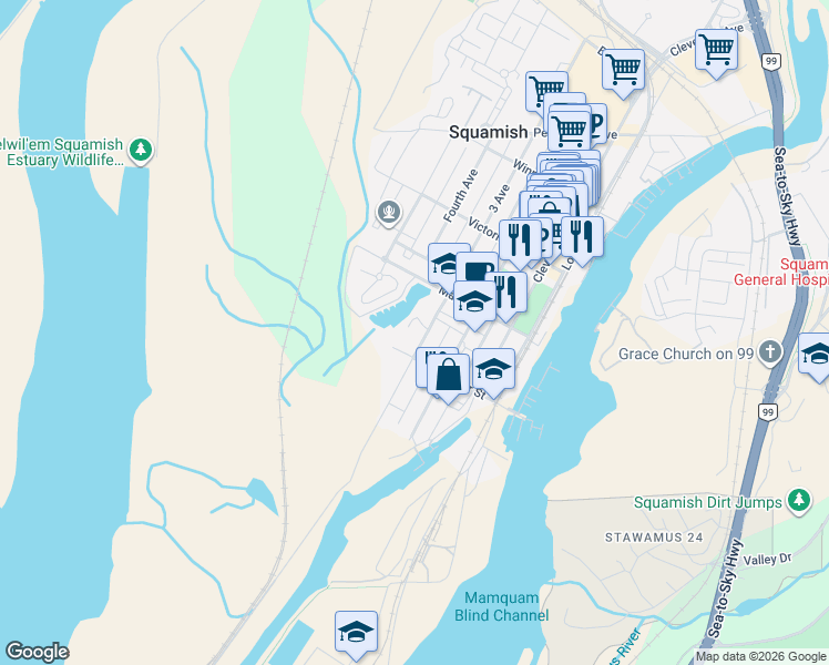 map of restaurants, bars, coffee shops, grocery stores, and more near 37861 3 Avenue in Squamish