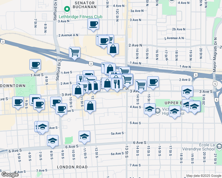 map of restaurants, bars, coffee shops, grocery stores, and more near 1249 3 Avenue South in Lethbridge