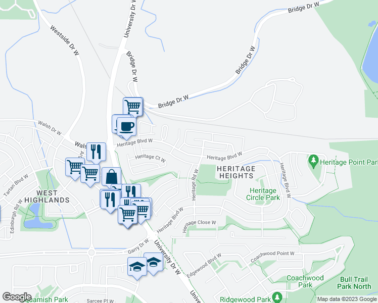 map of restaurants, bars, coffee shops, grocery stores, and more near 684 Heritage Boulevard West in Lethbridge