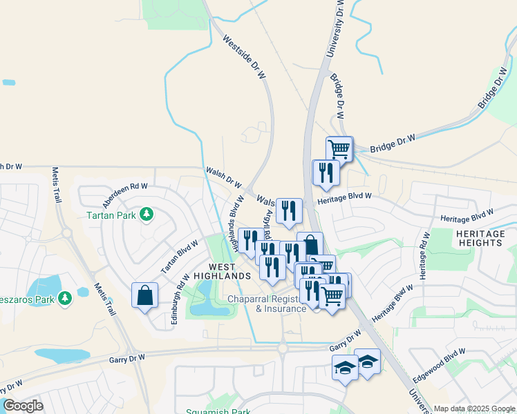 map of restaurants, bars, coffee shops, grocery stores, and more near 2534 Walsh Drive West in Lethbridge
