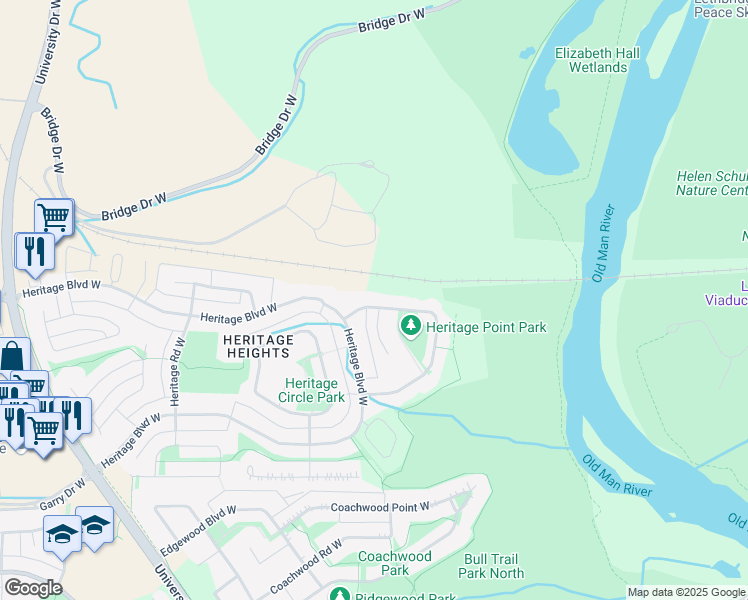 map of restaurants, bars, coffee shops, grocery stores, and more near 160 Heritage Point West in Lethbridge