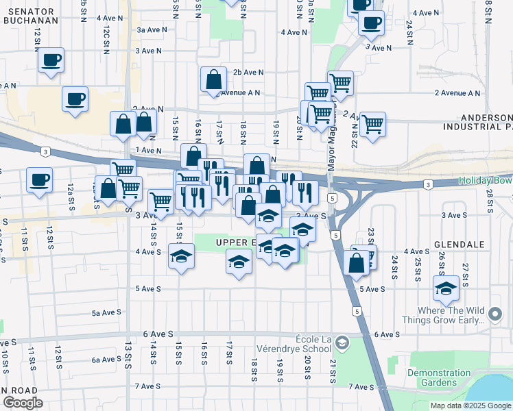 map of restaurants, bars, coffee shops, grocery stores, and more near 332 18 Street South in Lethbridge