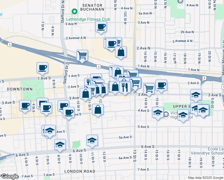 map of restaurants, bars, coffee shops, grocery stores, and more near 1249 3 Avenue South in Lethbridge