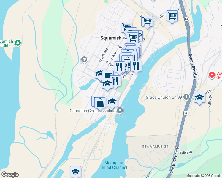 map of restaurants, bars, coffee shops, grocery stores, and more near in Squamish