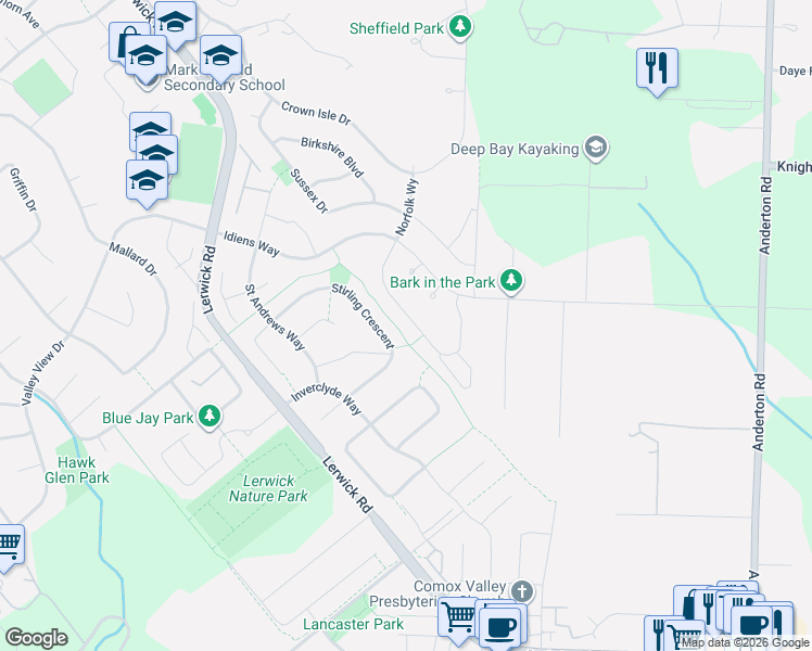 map of restaurants, bars, coffee shops, grocery stores, and more near 2331 Suffolk Crescent in Courtenay