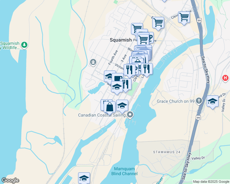 map of restaurants, bars, coffee shops, grocery stores, and more near 37885 2 Avenue in Squamish