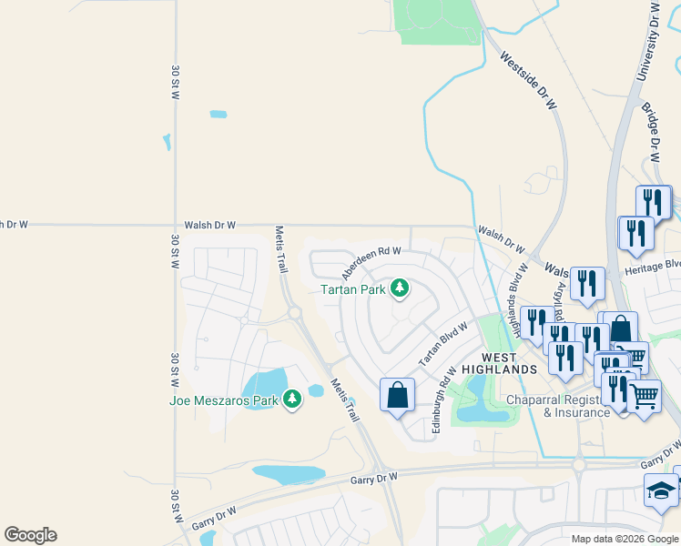 map of restaurants, bars, coffee shops, grocery stores, and more near 754 Aberdeen Crescent West in Lethbridge