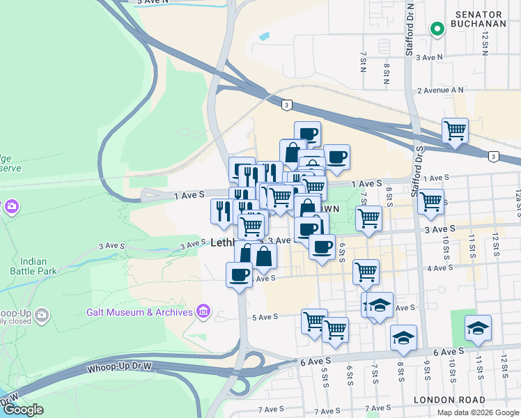 map of restaurants, bars, coffee shops, grocery stores, and more near 221 2 Avenue South in Lethbridge