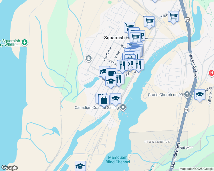 map of restaurants, bars, coffee shops, grocery stores, and more near 1336 Main Street in Squamish