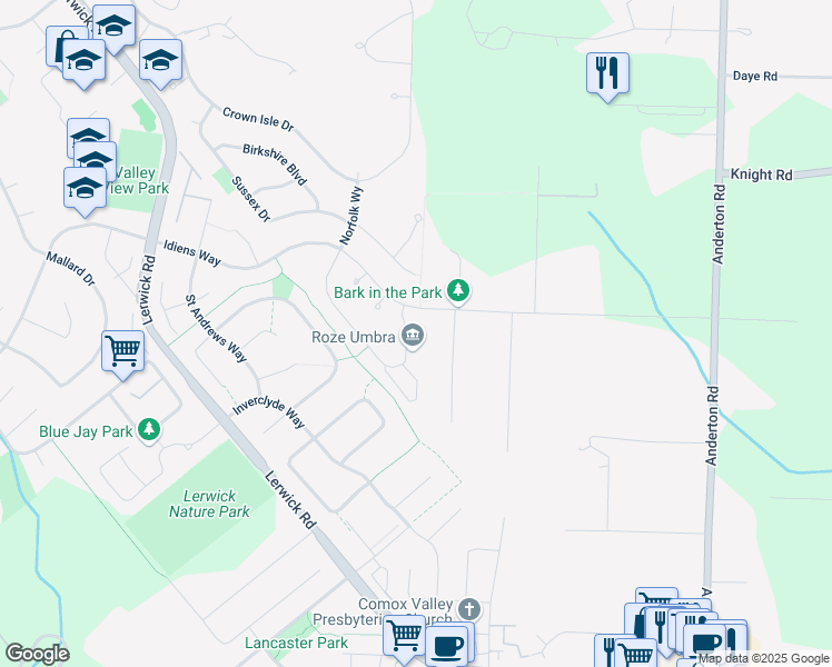 map of restaurants, bars, coffee shops, grocery stores, and more near 2285 Suffolk Crescent in Courtenay