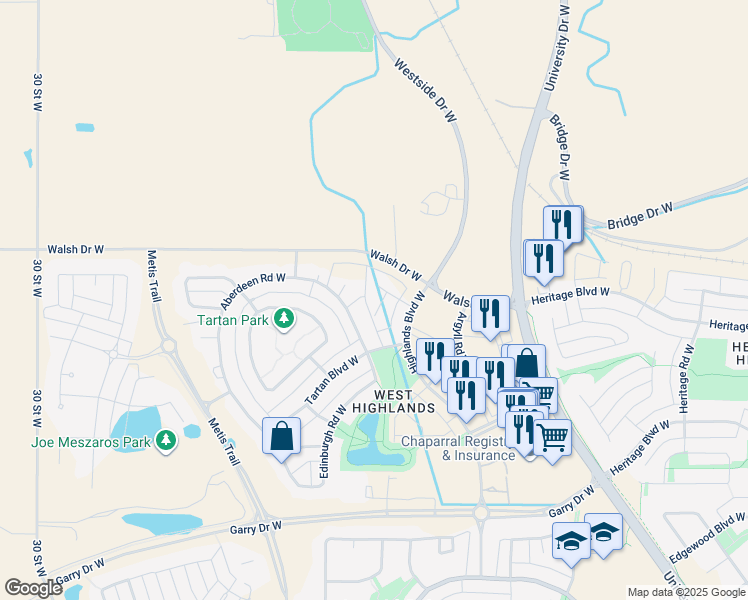 map of restaurants, bars, coffee shops, grocery stores, and more near 43 Highlands Place West in Lethbridge