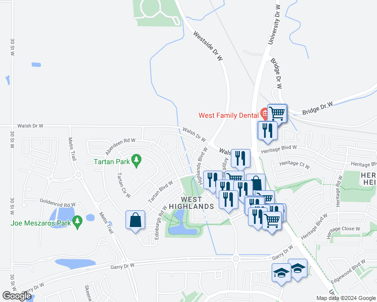 map of restaurants, bars, coffee shops, grocery stores, and more near 34 Highlands Place West in Lethbridge