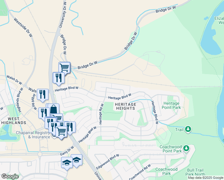 map of restaurants, bars, coffee shops, grocery stores, and more near 74 Heritage Lane West in Lethbridge