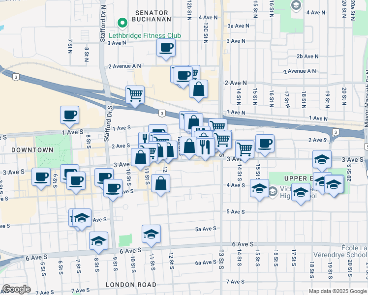 map of restaurants, bars, coffee shops, grocery stores, and more near 1249 3 Avenue South in Lethbridge