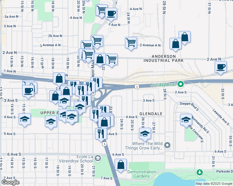 map of restaurants, bars, coffee shops, grocery stores, and more near 228 24 Street South in Lethbridge
