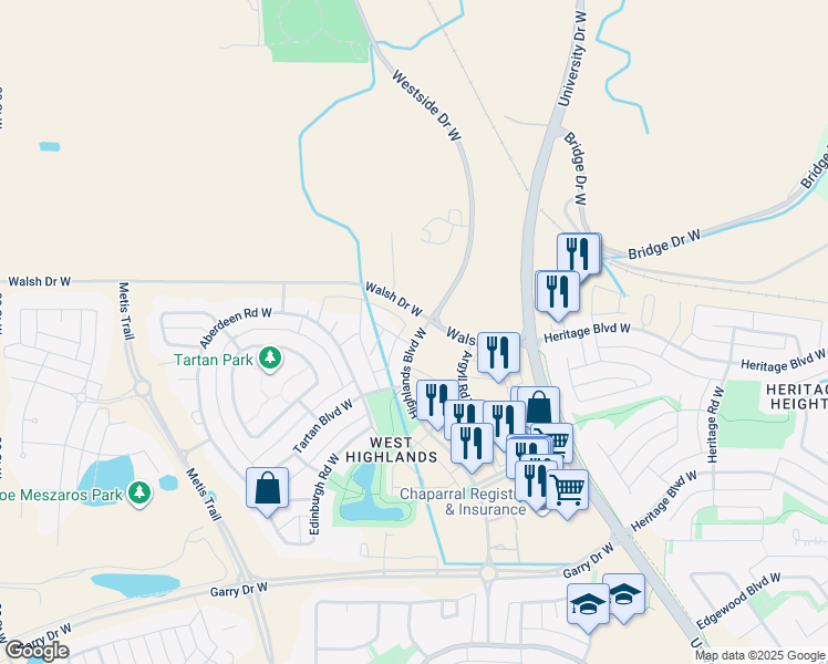 map of restaurants, bars, coffee shops, grocery stores, and more near 304 Highlands Boulevard West in Lethbridge
