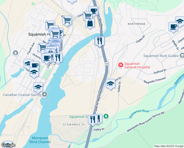 map of restaurants, bars, coffee shops, grocery stores, and more near 38011 Laurelwood Road in Squamish