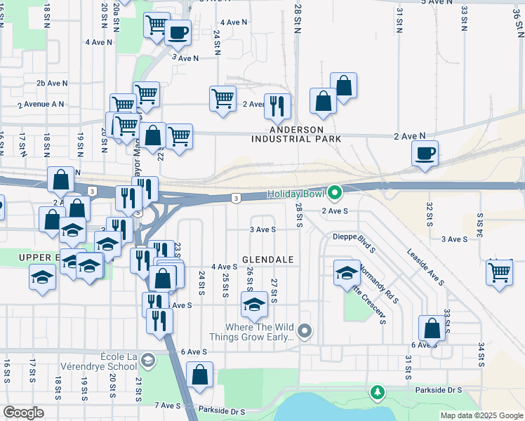 map of restaurants, bars, coffee shops, grocery stores, and more near 203 27 Street South in Lethbridge