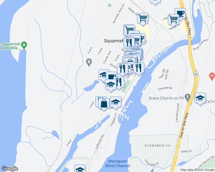 map of restaurants, bars, coffee shops, grocery stores, and more near 1336 Main Street in Squamish