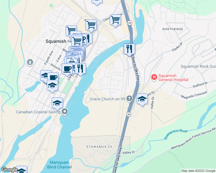 map of restaurants, bars, coffee shops, grocery stores, and more near 1344 Halyard Place in Squamish