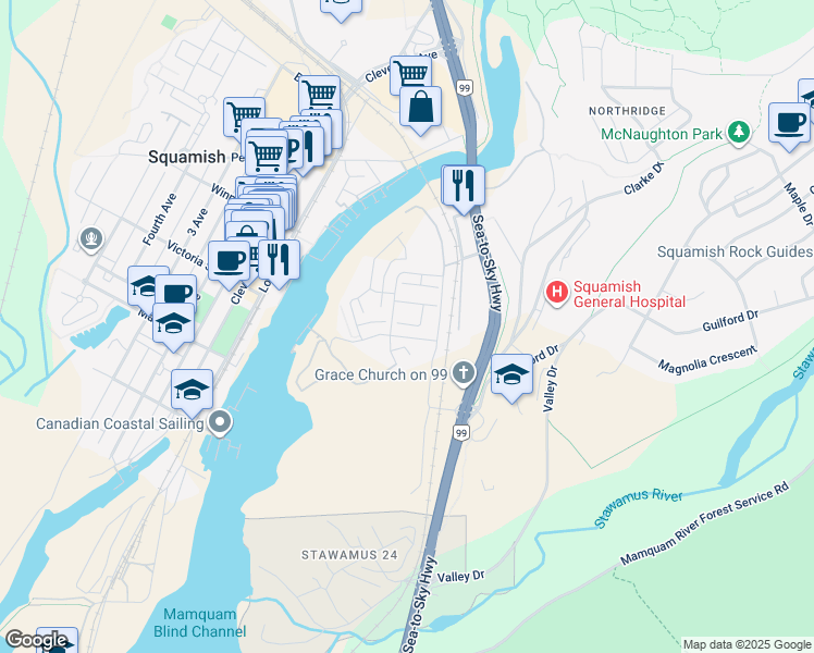 map of restaurants, bars, coffee shops, grocery stores, and more near 1358 Peakside Place in Squamish