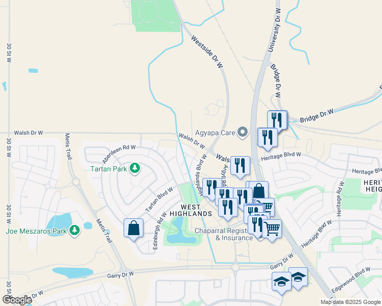 map of restaurants, bars, coffee shops, grocery stores, and more near 7 Highlands Place West in Lethbridge