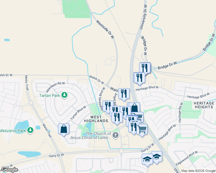 map of restaurants, bars, coffee shops, grocery stores, and more near 2548 Walsh Drive West in Lethbridge