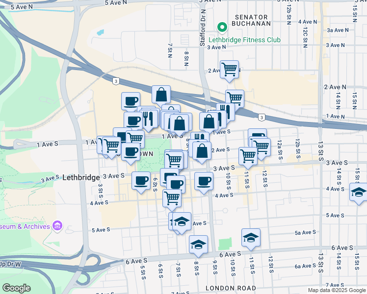 map of restaurants, bars, coffee shops, grocery stores, and more near in Lethbridge