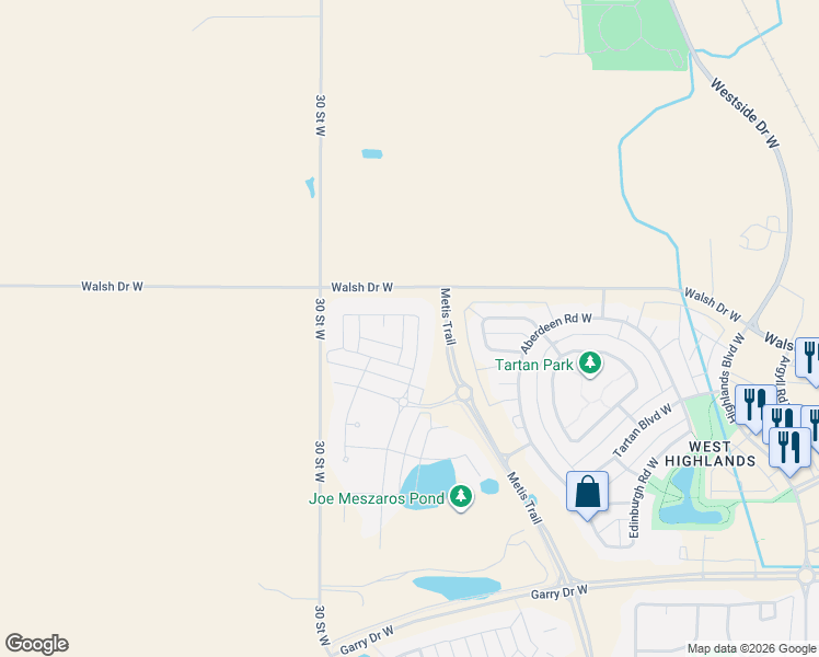 map of restaurants, bars, coffee shops, grocery stores, and more near 3 Crocus Bay West in Lethbridge