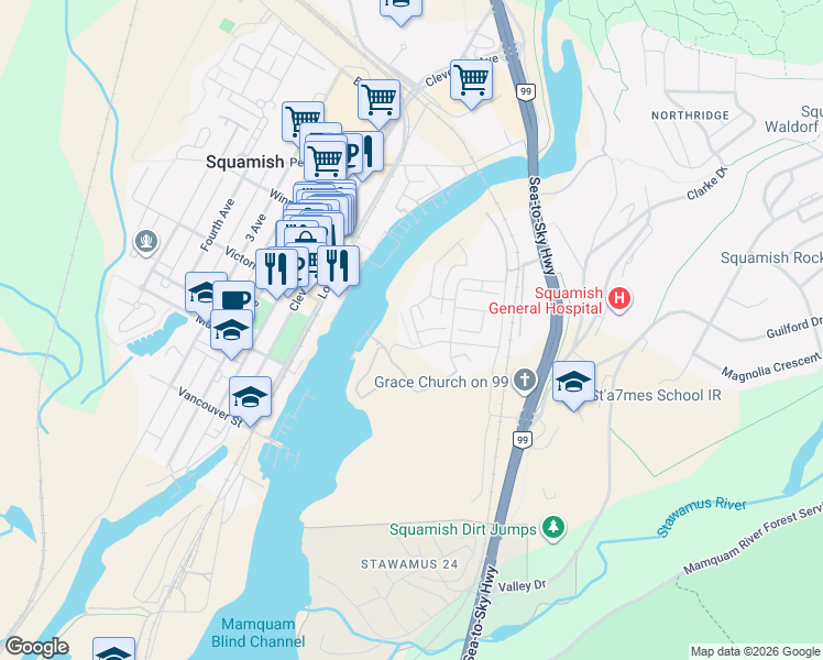 map of restaurants, bars, coffee shops, grocery stores, and more near 37995 Helm Way in Squamish