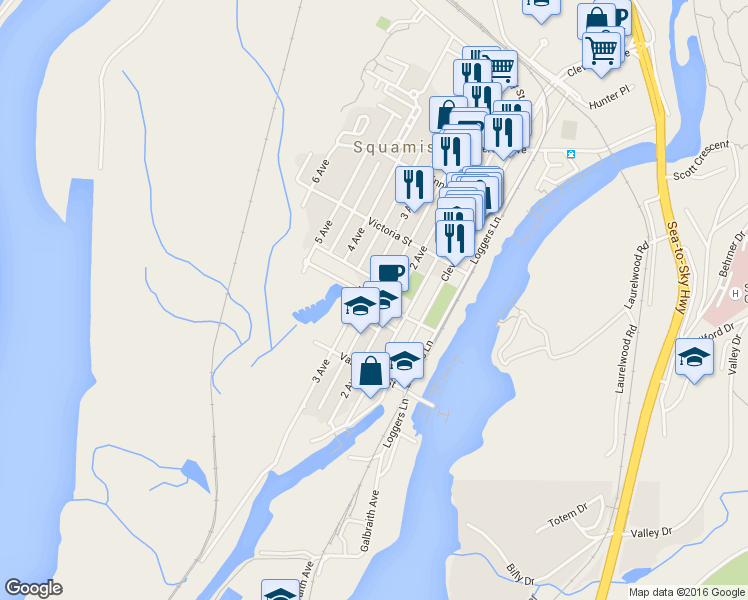 map of restaurants, bars, coffee shops, grocery stores, and more near 1283 Main Street in Squamish
