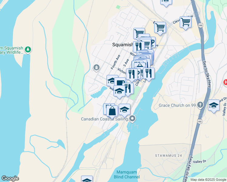map of restaurants, bars, coffee shops, grocery stores, and more near 1320 Main Street in Squamish