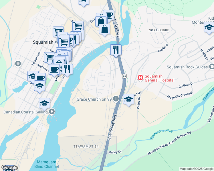 map of restaurants, bars, coffee shops, grocery stores, and more near 38011 Laurelwood Road in Squamish