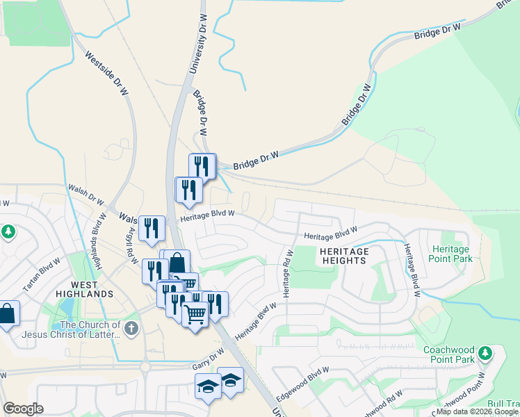 map of restaurants, bars, coffee shops, grocery stores, and more near 720 Heritage Boulevard West in Lethbridge