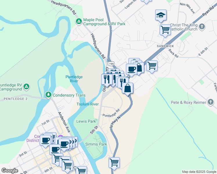 map of restaurants, bars, coffee shops, grocery stores, and more near 450 Ryan Road in Courtenay