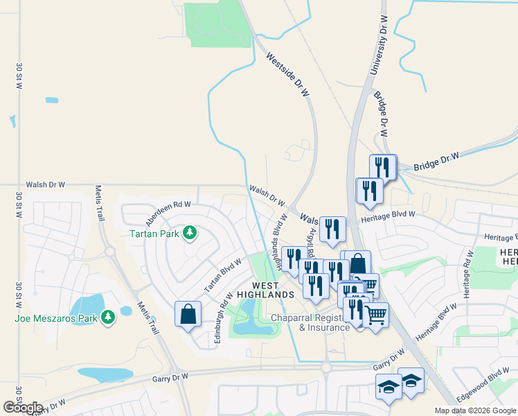 map of restaurants, bars, coffee shops, grocery stores, and more near 15 Highlands Place West in Lethbridge