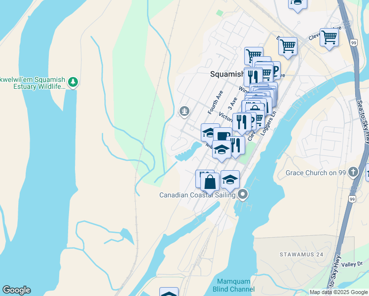 map of restaurants, bars, coffee shops, grocery stores, and more near 1204 Main Street in Squamish