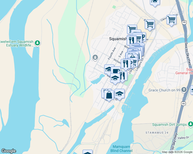map of restaurants, bars, coffee shops, grocery stores, and more near 1204 Main Street in Squamish