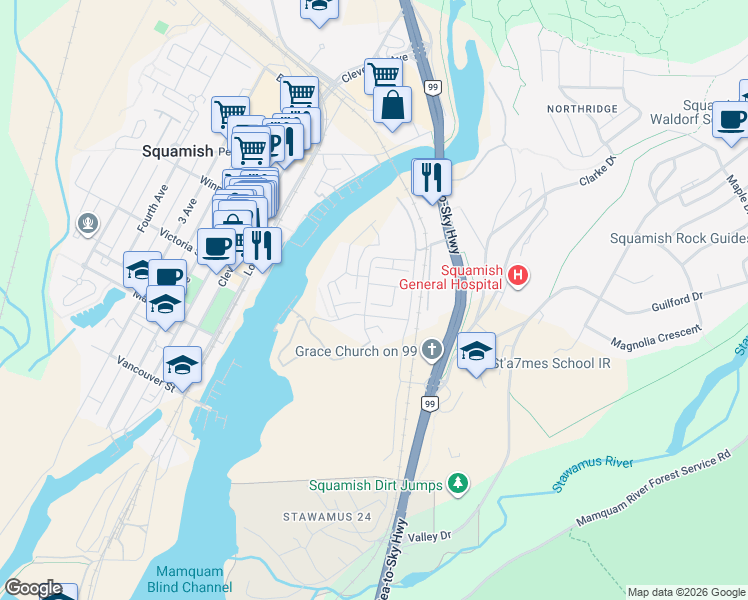 map of restaurants, bars, coffee shops, grocery stores, and more near 1357 Peakside Place in Squamish