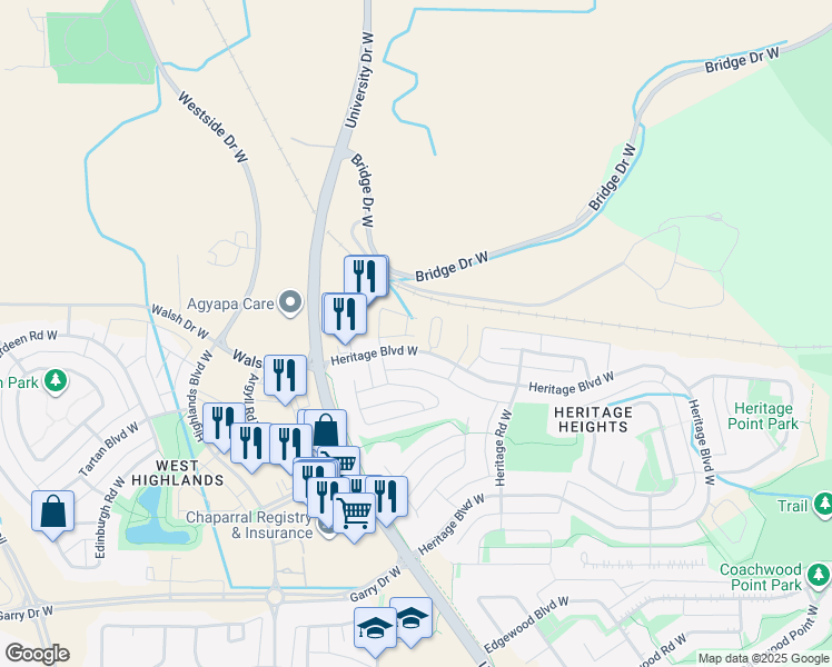 map of restaurants, bars, coffee shops, grocery stores, and more near 754 Heritage Boulevard West in Lethbridge