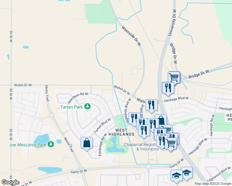 map of restaurants, bars, coffee shops, grocery stores, and more near 23 Highlands Place West in Lethbridge