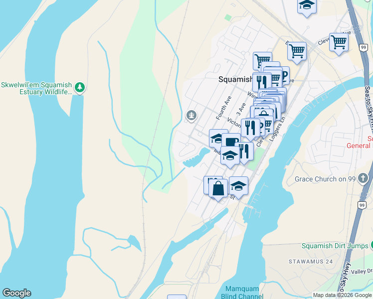 map of restaurants, bars, coffee shops, grocery stores, and more near 1212 Main Street in Squamish