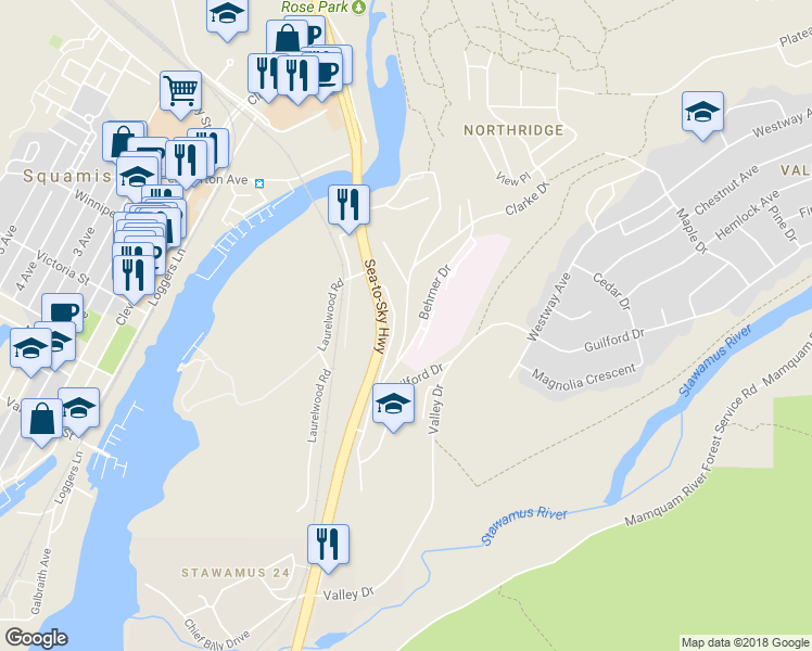 map of restaurants, bars, coffee shops, grocery stores, and more near Clarke Drive in Squamish
