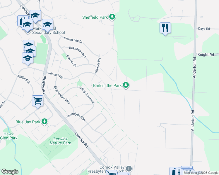 map of restaurants, bars, coffee shops, grocery stores, and more near 2266 Idiens Way in Comox