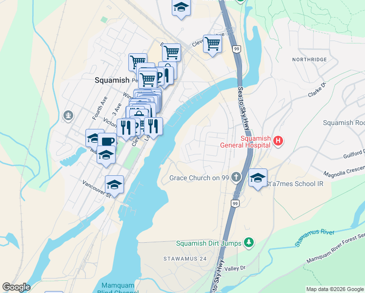 map of restaurants, bars, coffee shops, grocery stores, and more near 38015 Helm Way in Squamish