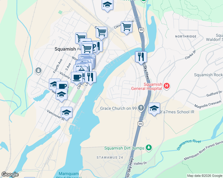 map of restaurants, bars, coffee shops, grocery stores, and more near 38015 Fairwater Place in Squamish