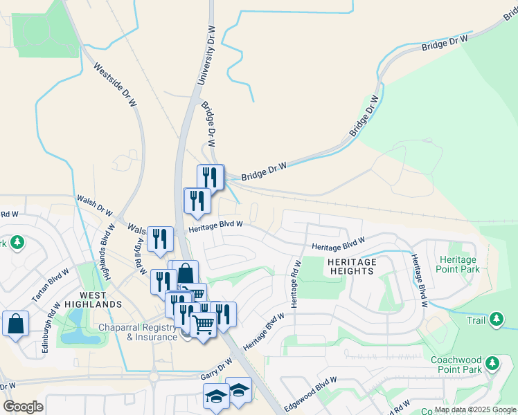 map of restaurants, bars, coffee shops, grocery stores, and more near 746 Heritage Boulevard West in Lethbridge